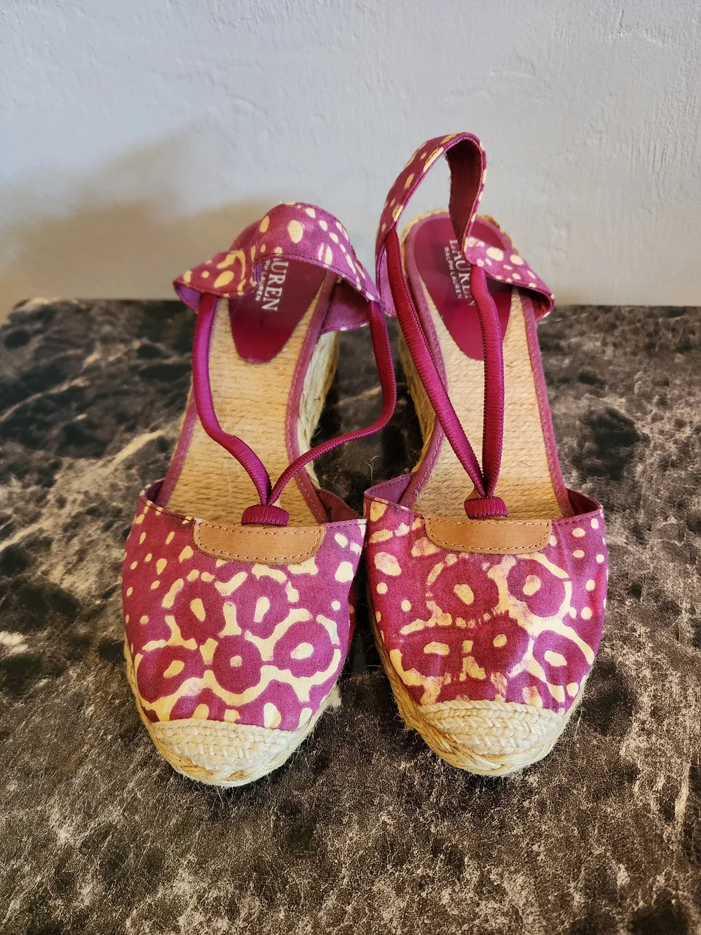 Lauren Ralph Lauren Magenta and Cream Leopard-Print Espadrille Wedges